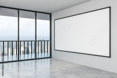Blank big white mock up poster on white wall in modern empty spacious hall wi...