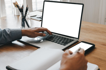 Mockup image of close up business woman working with smartphone laptop and documents in office, mockup concept