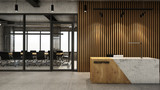 Fototapeta Do przedpokoju - Office  reception design Modern & Loft,Concrete wood half counter in front of the wood slat,Concrete floor - 3D render
