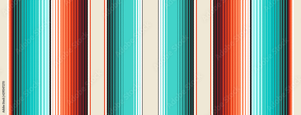 Turquoise, Orange & Navajo White Mexican Blanket Serape Stripes Seamless Vector Pattern. Rug Texture with Threads. Native American Textile. Ethnic Boho Background. Pattern Tile Swatch Included - obrazy, fototapety, plakaty 