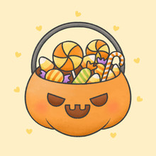 Pumpkin Basket With Candies Cartoon Hand Drawn Style