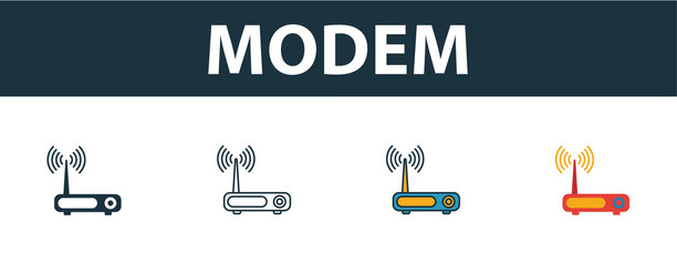 Wall Mural - modem icon set. four simple symbols in diferent styles from web hosting icons collection. creative m
