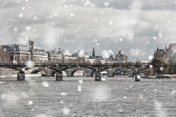 Poster - Seine River, bridges, Paris in gloomy winter day