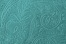 Texture Of Genuine Leather With Embossed Floral Trend Pattern Close-up, Green Mint Color, For Wallpaper Or Banner Design. For Modern Background