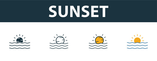 Wall Mural - Sunset icon set. Four simple symbols in diferent styles from tourism icons collection. Creative sunset icons filled, outline, colored and flat symbols