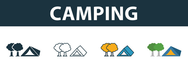 Wall Mural - Camping icon set. Four simple symbols in diferent styles from tourism icons collection. Creative camping icons filled, outline, colored and flat symbols