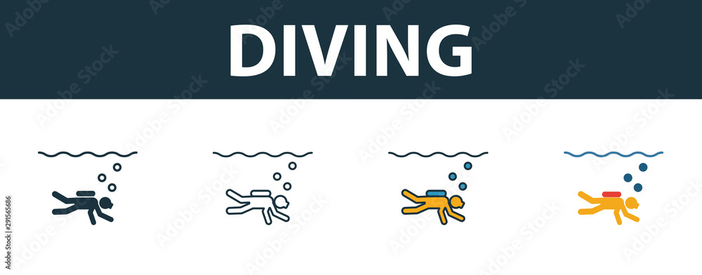 Diving icon set. Four simple symbols in diferent styles from tourism ...