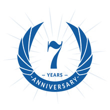 7th Years Anniversary Celebration Design. Seven Years Logotype. Blue Vector And Illustration.