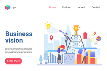 Business vision flat landing page template. Company promotion website design layout. Business development, strategy building web page concept. Teamwork improvement, staff support webpage interface