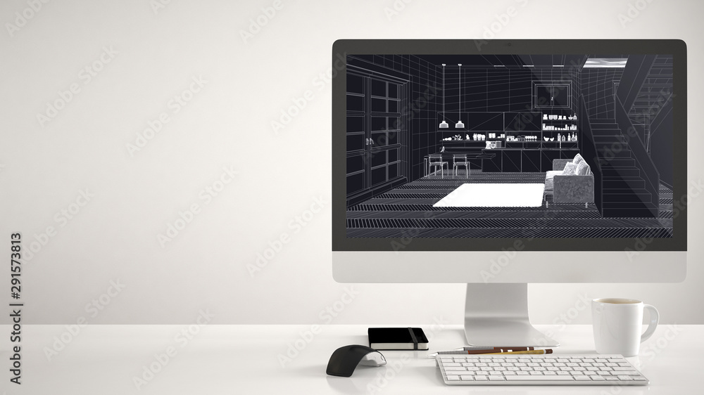 Architect house project concept, desktop computer on white background ...