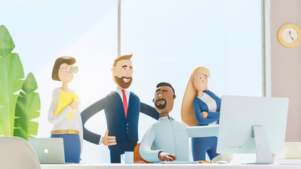 A team of employees works on the computer. Modern office. 3d illustration.  Cartoon characters. Business teamwork concept. 
