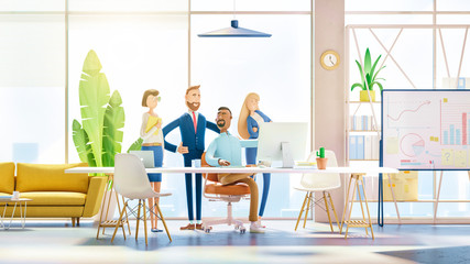 Wall Mural - A team of employees works on the computer. Modern office. 3d illustration.  Cartoon characters. Business teamwork concept. 