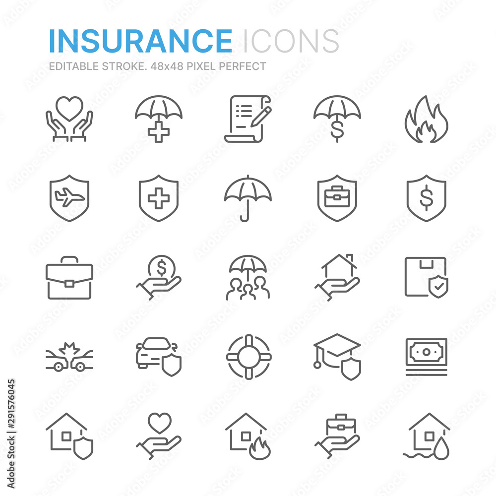 Collection of insurance related line icons. 48x48 Pixel Perfect ...