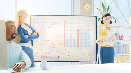 Wall Mural - Seminar business conference with workers in office, planning new strategy. Modern office. 3d illustration.  Cartoon characters. Business teamwork concept. 