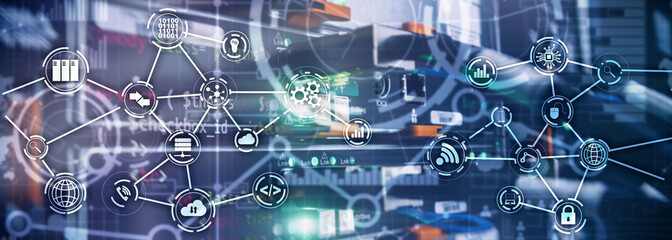 Wall Mural - universal electronics technology background. internet concept of global business. server rack blurre