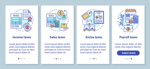 Wall Mural - us taxes types onboarding mobile app page screen with linear concepts. income, sales, excise, payrol