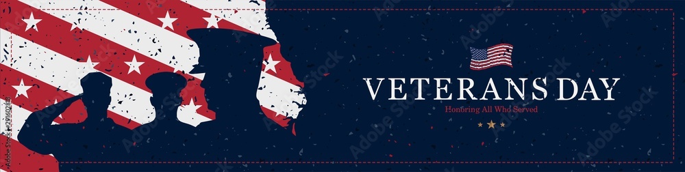 Happy Veterans Day. Greeting card with USA flag and soldiers on background with texture. National American holiday event. Flat vector illustration EPS10 - obrazy, fototapety, plakaty 