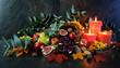 Happy Thanksgiving cornucopia table setting centerpiece decorated with autumn leaves, fruit, nuts and orange burning candles with copy space.