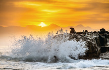 Sunrise At Seal Island. South African (Cape) Fur Seals  (Arctocephalus Pusillus Pusillus), Colony Of Cape Fur Seals. False Bay, Western Cape, South Africa, Africa.