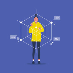 Web Development. Augmented reality. Young female engineer working with data. Programming. Flat editable vector illustration, clip art