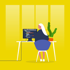 Web development. Young female character writing a code on a desktop computer. Modern technologies. Tech industry. Startup. Flat editable vector illustration, clip art