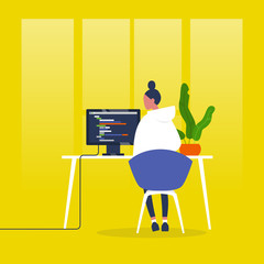 Web development. Young female character writing a code on a desktop computer. Modern technologies. Tech industry. Startup. Flat editable vector illustration, clip art