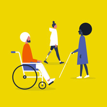 Modern Disabled People. Indian Man Sitting In A Wheelchair. Caucasian Woman With A Prosthetic Lower Limb. Black Female Sightless Character Wearing Dark Shades And Holding A Cane.