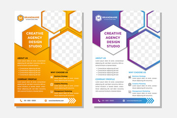 Wall Mural - geometric hexagon flyer with hexagon layout space for photo collage. gradient orange and blue colors
