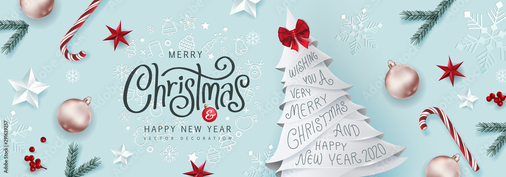 Christmas Decorative Border made of Festive Elements Background .Merry Christmas vector text Calligraphic Lettering Vector illustration. - obrazy, fototapety, plakaty 