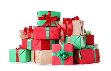 Wall Mural - Different Christmas gift boxes on white background