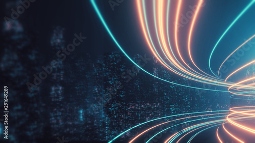 Fotografía 3D Rendering of abstract highway path through digital binary towers in city