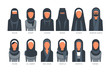 Collection of Muslim traditional hijab type models, arab women in shayla, dupatta, tuding, esarp, chador, al-amira, burga, khimar, bandari burga vector Illustrations on a white background