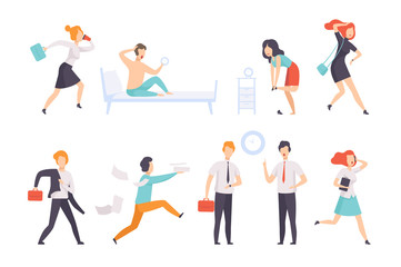 Sticker - People running to work, businesspeople characters are late for work vector Illustration on a white background