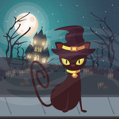 Sticker - halloween dark scene with black cat