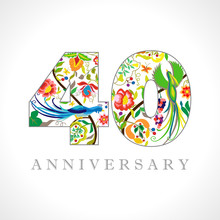 40 Years Old Logotype. 40 Th Anniversary Numbers. Decorative Symbol. Age Congrats With Peacock Birds. Isolated Abstract Graphic Design Template. Royal Colorful Digits. Up To 40% Percent Off Discount.