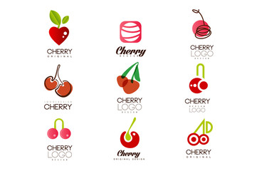 Wall Mural - Cherry logo design set, creative templates can be used for cafe, bar, club, grocery store, package, price tag, flyer vector Illustrations