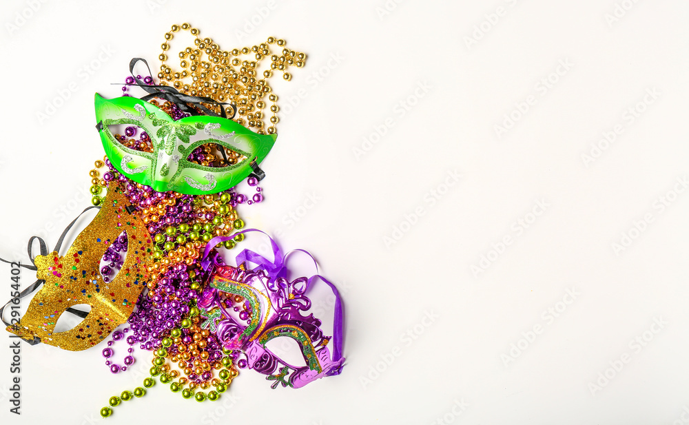 Carnival masks with decor on white background
