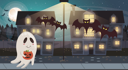 Poster - halloween dark scene with ghost and bats flying