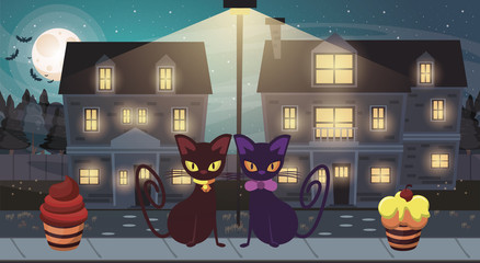 Sticker - halloween dark scene with black cats