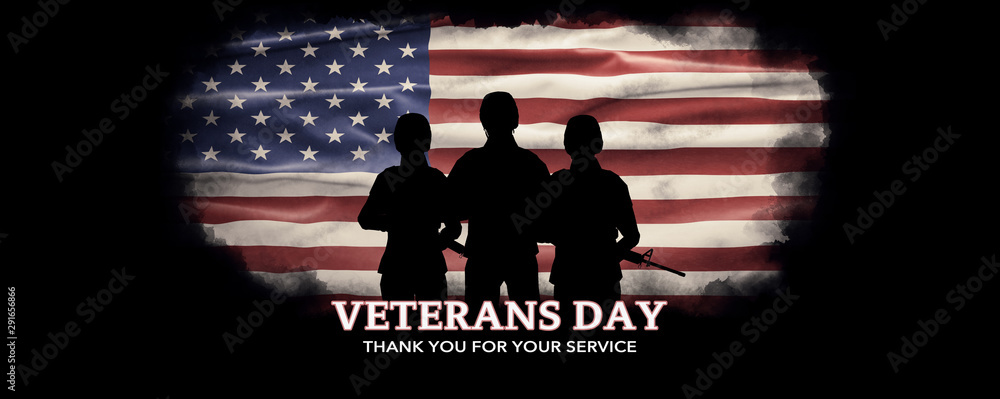 American National Holiday. US Flag background with American stars, stripes and national colors. Soldiers. Text: VETERANS DAY - Thank you for your service - obrazy, fototapety, plakaty 