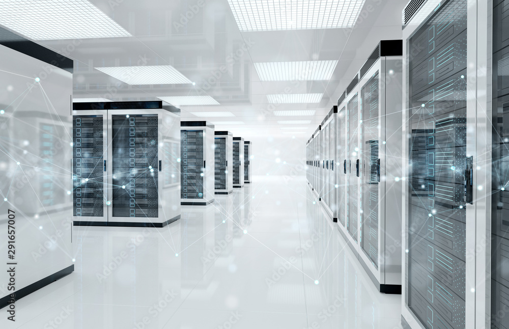 Connection network in servers data center room storage systems 3D rendering - obrazy, fototapety, plakaty 