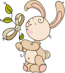 Wall Mural - Cute bunny holding a branch leaves with ribbon bow