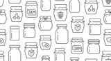 Fototapeta  - Jam seamless pattern with vector thin line icons. Glass jars with honey, jelly and other canned organic food. Homemade sweet preserves background