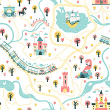 Seamless Pattern Cards Of The Fairytale Kingdom With A Ship At Sea, Rivers, Train And Railroad, Castles, Towers, Dragon Cave, Princess Carriage. Illustration In Children's Cartoon Scandinavian Style.