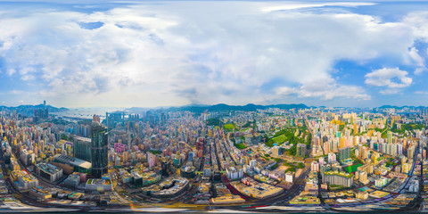 Wall Mural - 360 panorama by 180 degrees angle seamless panorama view of aerial view of Hong Kong Downtown. Financial district and business centers in technology smart city. skyscraper and buildings at noon.