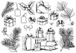 © JeannaDraw - Gift box sketch. Christmas collection of ribbon bows, present boxes and evergreen branches. Hand drawn vector illustration.
