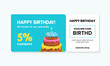 © mnaufal design - Birthday gift voucher card template design. 5% cashback coupon code promotion with birthday cake artwork background vector illustration.