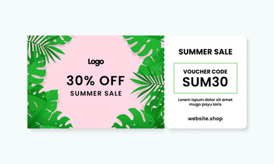 Summer gift voucher card template design with tropical leaf artwork background. Coupon code text sale promotion.