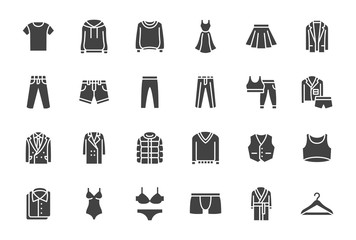 Clothes, Fashion Silhouette Icons. Vector Illustration Included Icon as Jacket, Winter Coat, Sweatshirt, Dress, Hoody, Jeans, Hanger and other Apparel Flat Pictogram for Cloth Store