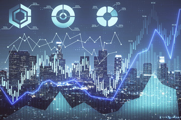 Forex chart on cityscape with tall buildings background multi exposure. Financial research concept.